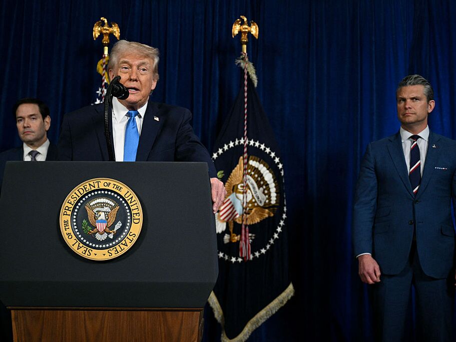 caption: President Trump, alongside Secretary of State Marco Rubio and Secretary of Defense Pete Hegseth, speaks to the press at his Mar-a-Lago residence in Palm Beach, Fla., on Saturday following U.S. military actions in Venezuela.