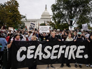 caption: Demonstrators rally to demand a cease-fire against Palestinians in Gaza on Independence Avenue near the U.S. Capitol last month in Washington, D.C.