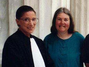 caption: Sharron Cohen (second from left) with her husband David Cohen, and son Nathan Cohen with Supreme Court Justice Ruth Bader Ginsburg on the steps of the Supreme Court building in 1999.