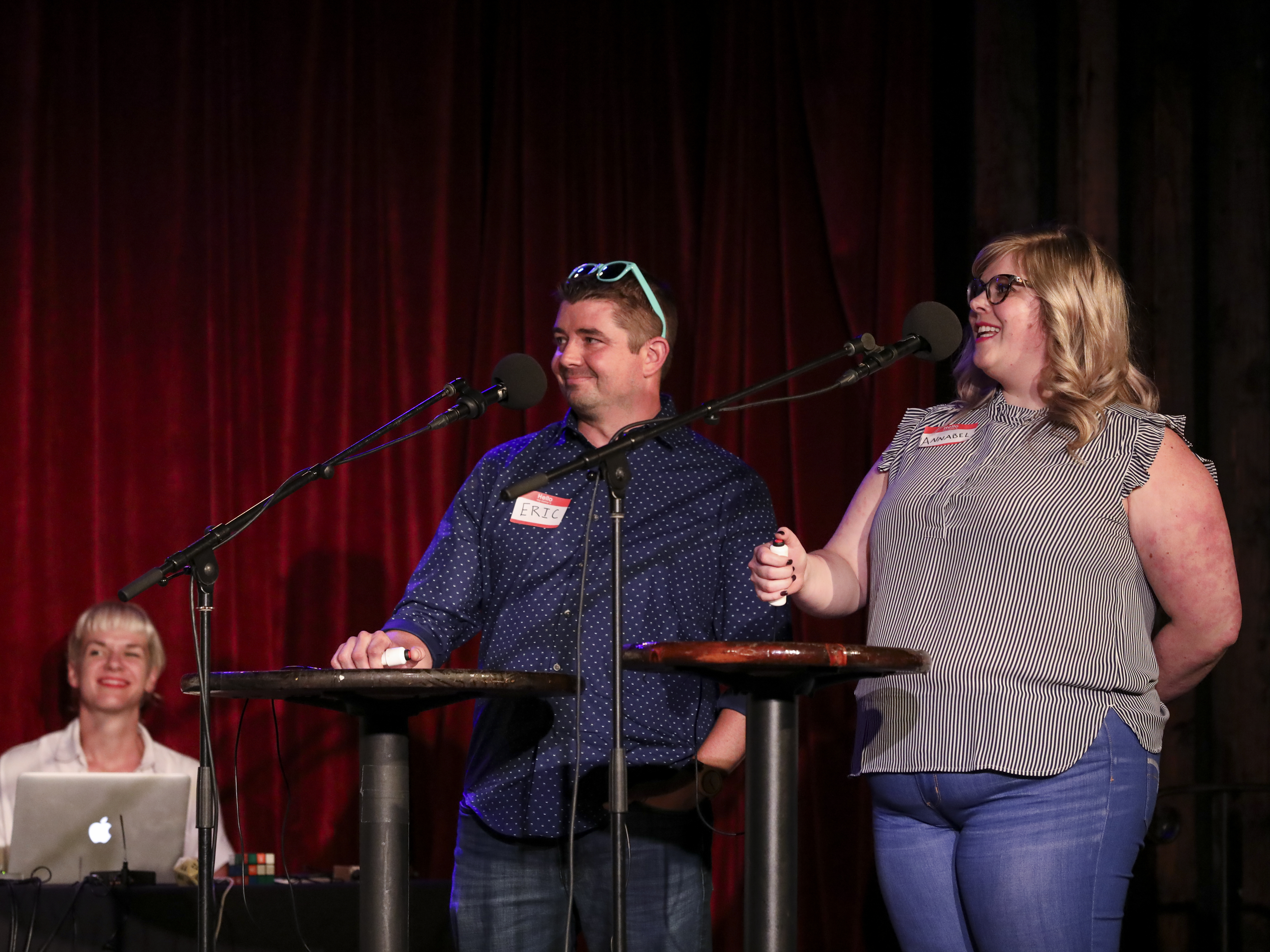 caption: Contestants Eric Bosworth and Annabel Jones appear on <em>Ask Me Another</em> at the Bell House in Brooklyn, New York.