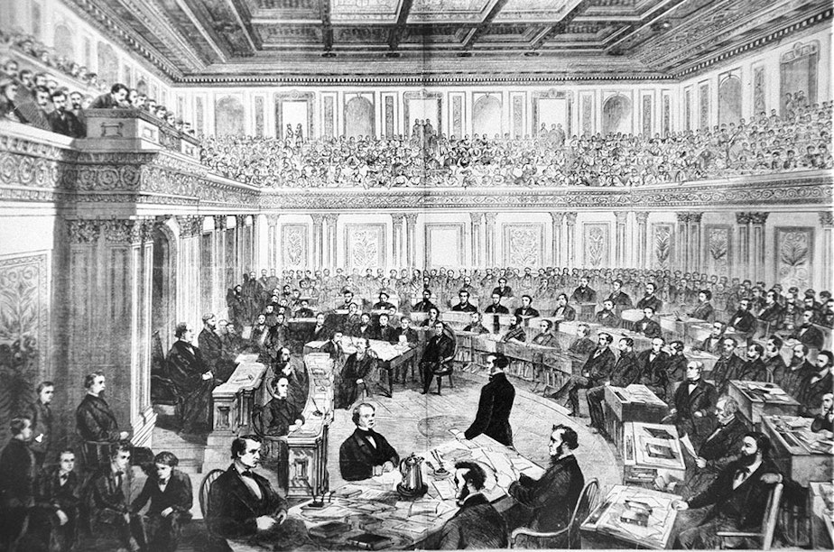 caption: An engraving showing the impeachment trial of President Andrew Johnson in the Senate March 13, 1868. The House approved 11 articles of impeachment against Andrew Johnson in 1868, arising essentially from political divisions over Reconstruction following the Civil War. After a 74-day Senate trial, the Senate acquitted Johnson on three of the articles by a one-vote margin each and decided not to vote on the remaining articles. (Library of Congress)