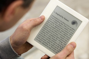 caption: A man reads a book on his e-book reader device. 