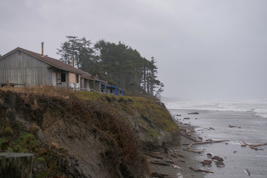 caption: Boarded-up cabins await removal from the Kalaloch area of Olympic National Park on March 11, 2024.
