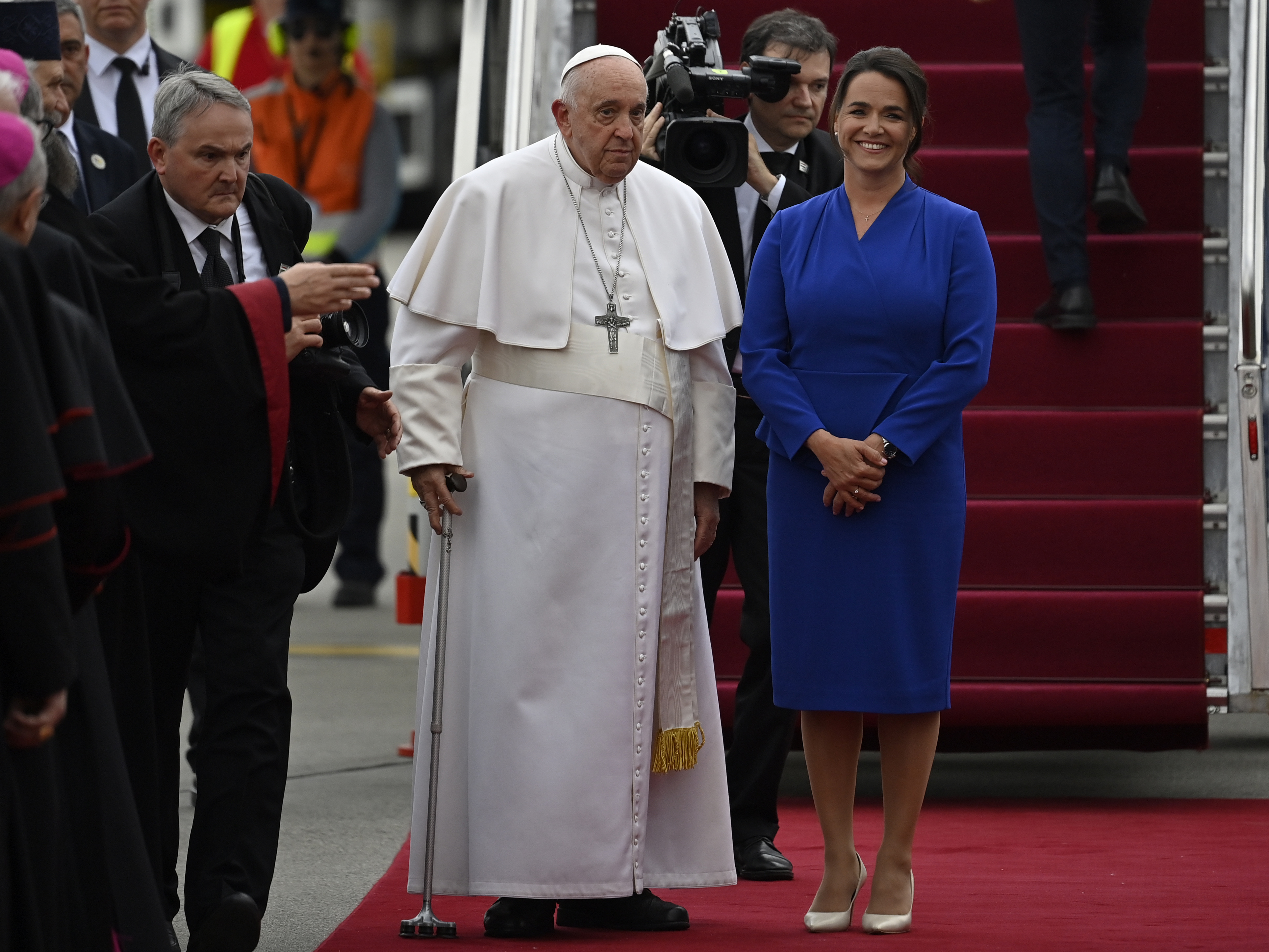 caption: Pope Francis is greeted by Hungary President Katalin Novak during the farewell ceremony at the Budapest International Airport in Budapest, Hungary, on Sunday.