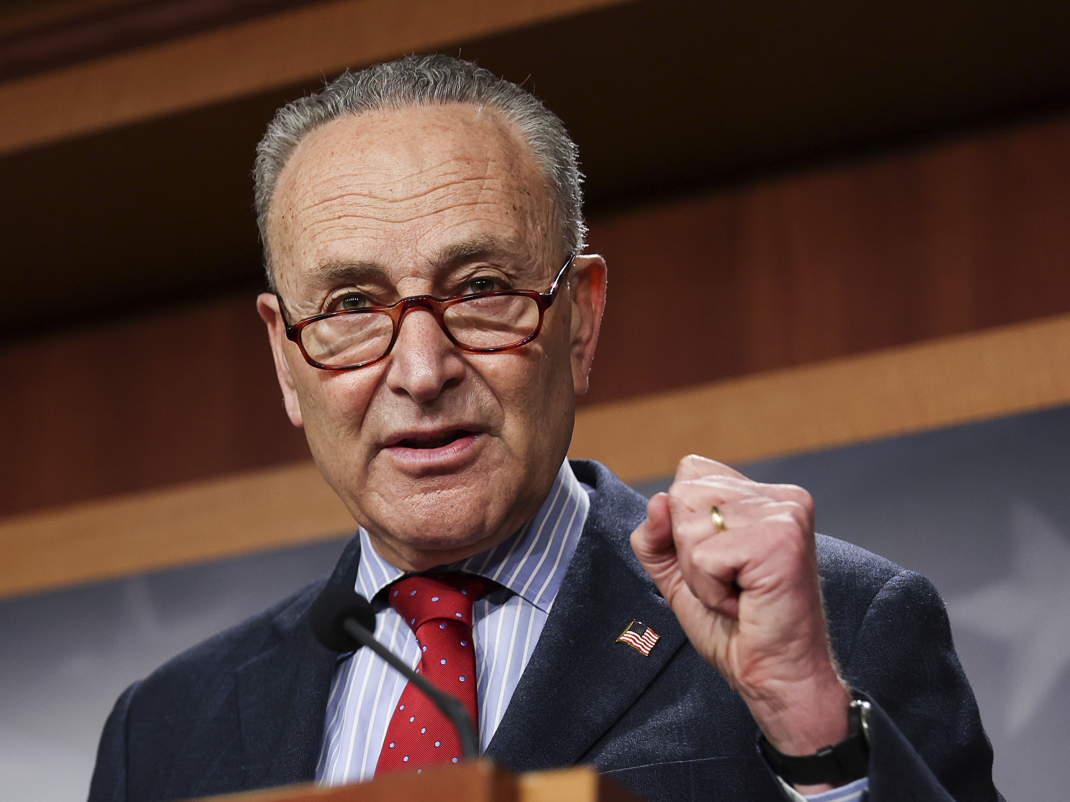 caption: Senate Majority Leader Chuck Schumer, D-N.Y., speaks to the media on March 25.