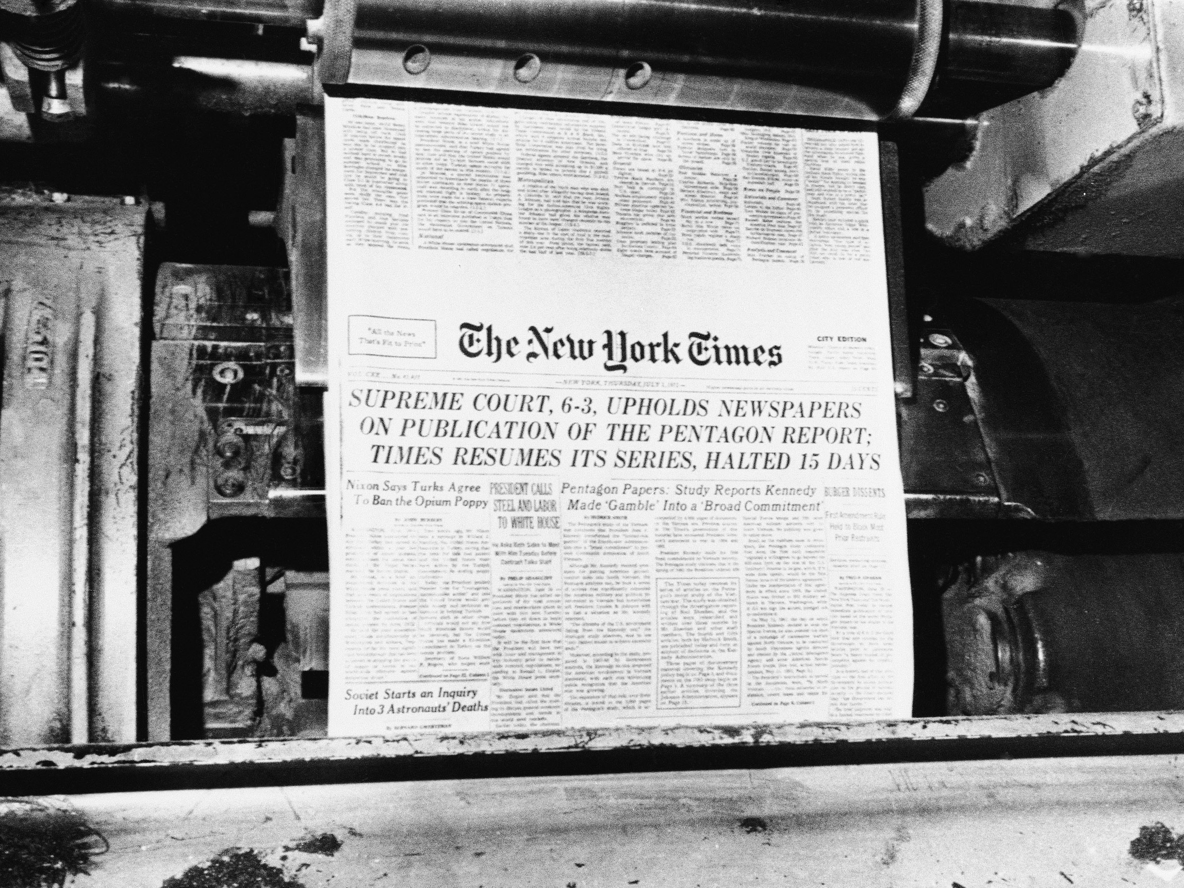 caption: <em>The New York Times</em> resumed publication of its series of articles based on the secret Pentagon Papers in its July 1, 1971 edition, after it was given the green light by the U.S. Supreme Court.
