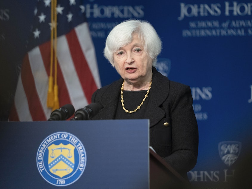 caption: Treasury Secretary Janet Yellen speaks on the U.S.-China economic relationship at Johns Hopkins University School of Advanced International Studies, Thursday, in Washington.