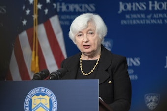 caption: Treasury Secretary Janet Yellen speaks on the U.S.-China economic relationship at Johns Hopkins University School of Advanced International Studies, Thursday, in Washington.