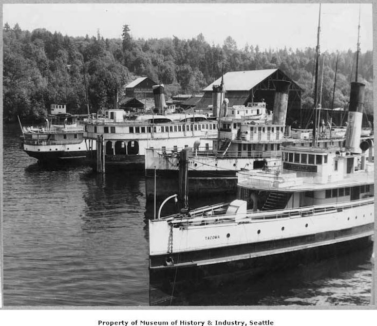 caption: Mosquito fleet steamers are seen at Houghton, Wash., in 1945.