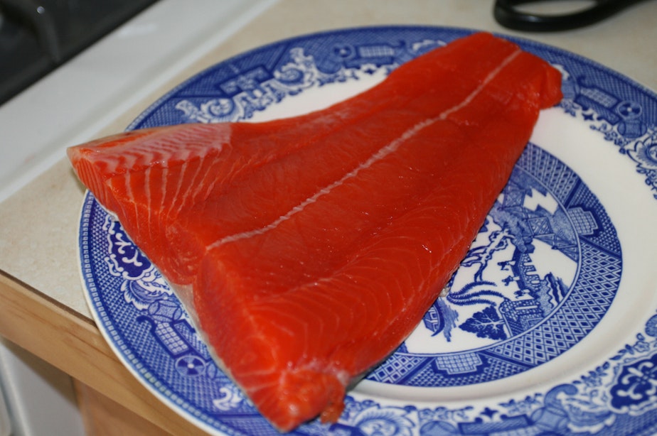 caption: A chunk of Copper River salmon awaits the cook.