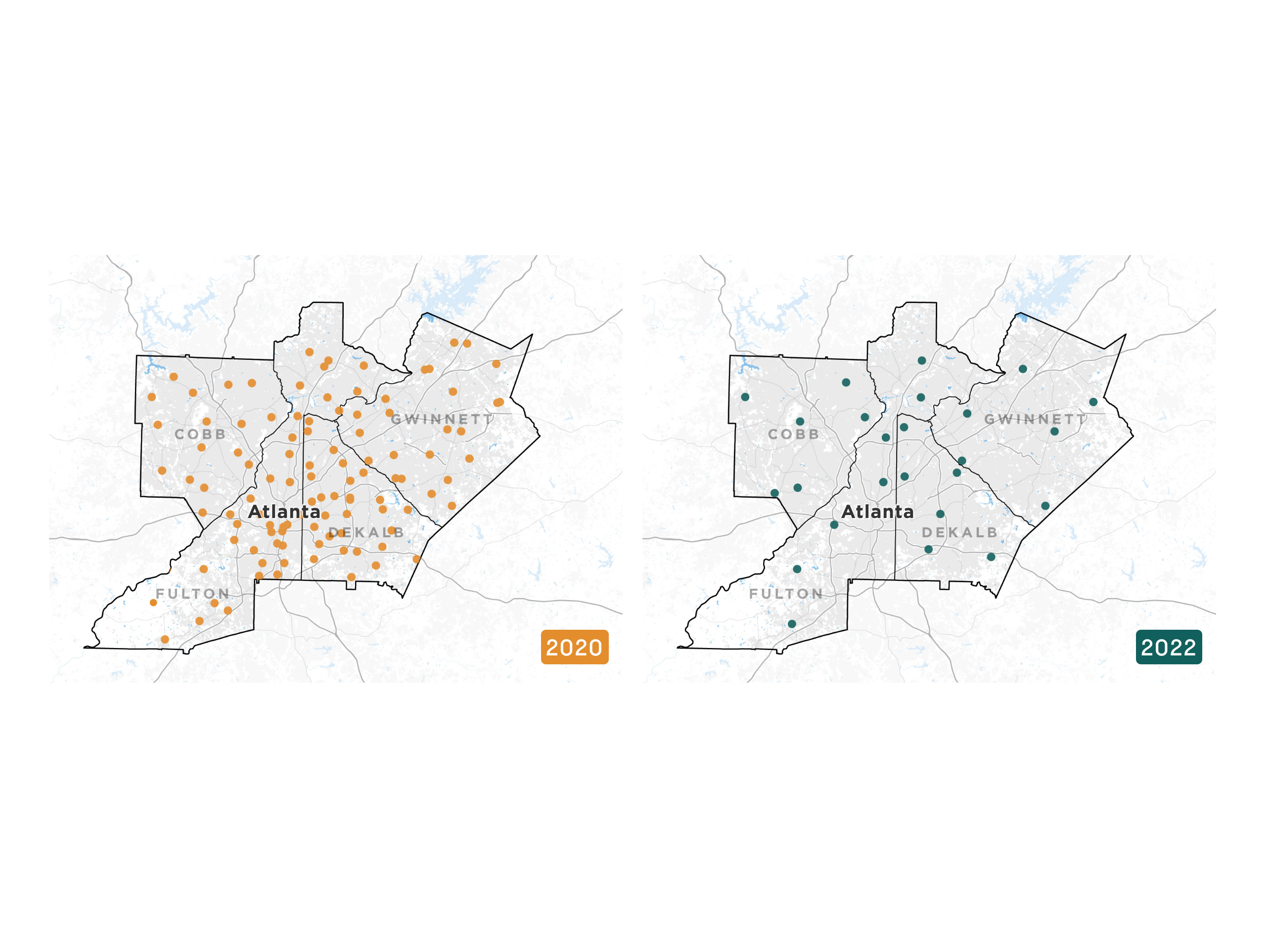 Maps of ballot drop box locations in four Georgia counties (Cobb, Fulton, Dekalb, Gwinnett) in 2020 and 2022. The number of drop boxes fell from 107 in 2020 to 25 in 2022.