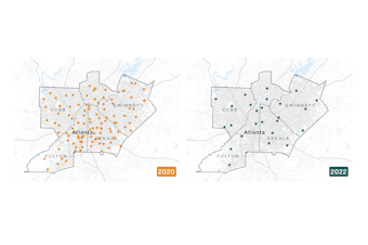 Maps of ballot drop box locations in four Georgia counties (Cobb, Fulton, Dekalb, Gwinnett) in 2020 and 2022. The number of drop boxes fell from 107 in 2020 to 25 in 2022.