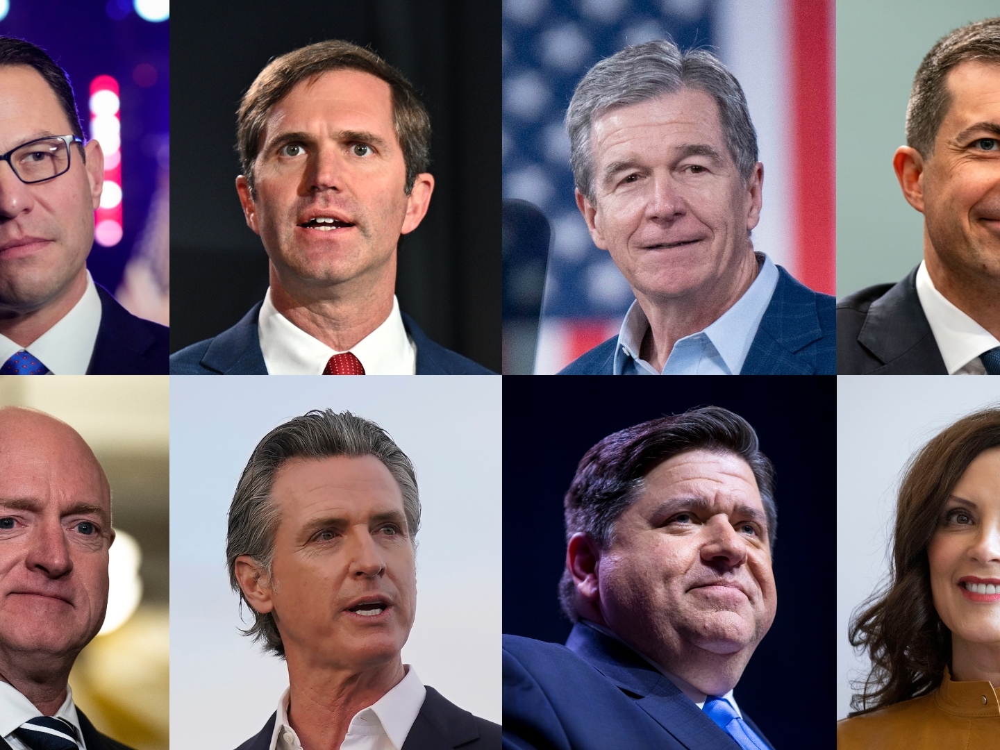 caption: Pennsylvania Gov. Josh Shapiro, Kentucky Gov. Andy Beshear, North Carolina Gov. Roy Cooper, Transportation Secretary Pete Buttigieg, Arizona Sen. Mark Kelly, California Gov. Gavin Newsom, Illinois Gov. J.B. Pritzker and Michigan Gov. Gretchen Whitmer