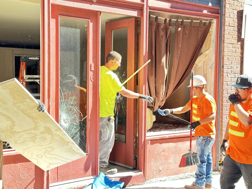 caption: The Wing Luke Museum in Seattle's Chinatown-International District was targeted by vandalism on the evening of Sept. 14, 2023. Windows along the museum were shattered. The incident has been called an "apparent hate crime."