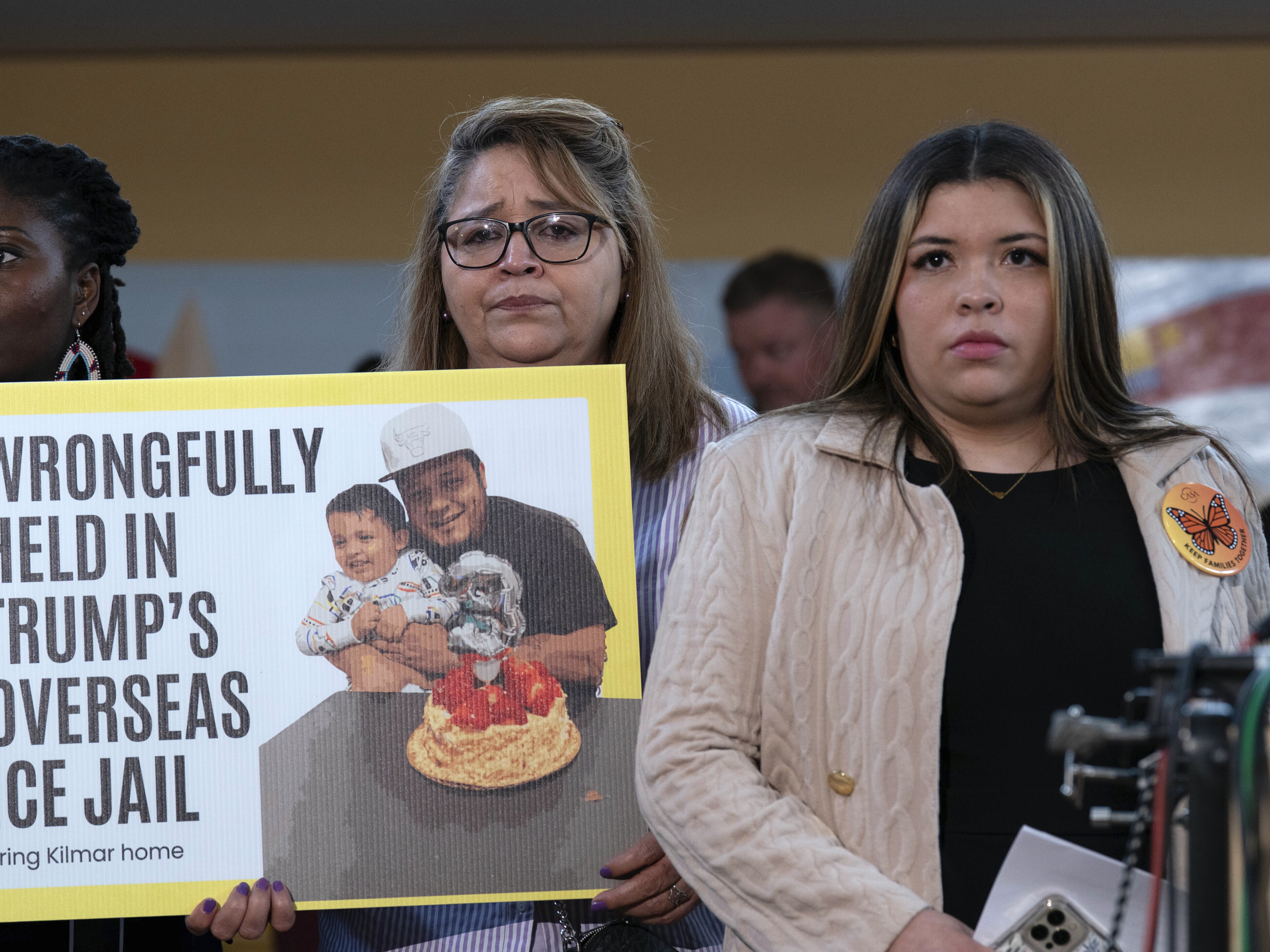 caption: Jennifer Vasquez Sura (right), the wife of Kilmar Abrego Garcia, who was mistakenly deported to El Salvador, stands with supporters during a news conference at CASA's Multicultural Center in Hyattsville, Md., on April 4.
