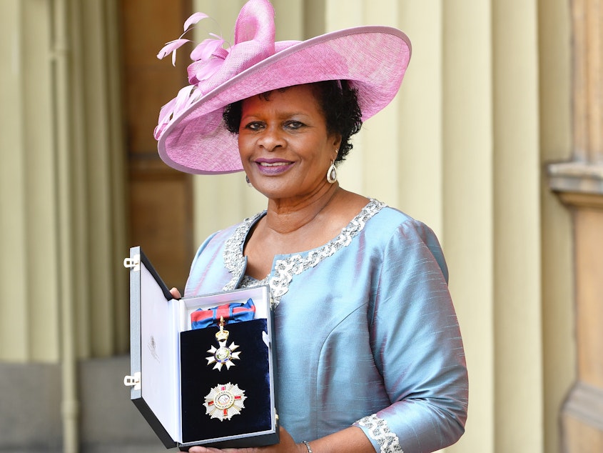 caption: Dame Sandra Mason, then the governor general of Barbados, is seen here after she was made a Dame Grand Cross of the Order of St. Michael and St. George during a ceremony at Buckingham Palace in 2018 in London.