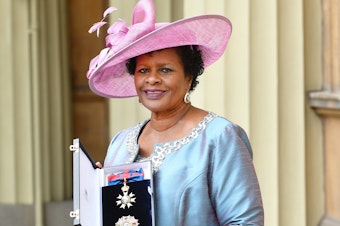 caption: Dame Sandra Mason, then the governor general of Barbados, is seen here after she was made a Dame Grand Cross of the Order of St. Michael and St. George during a ceremony at Buckingham Palace in 2018 in London.
