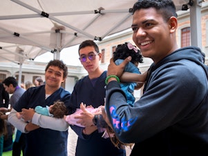 caption: At a one-day workshop run by the Care School for Men in Bogotá, Colombia, male medical students at Sanitas University learn how to cradle a baby. This class of participants consists of medical students, but the usual enrollees are dads of all types.