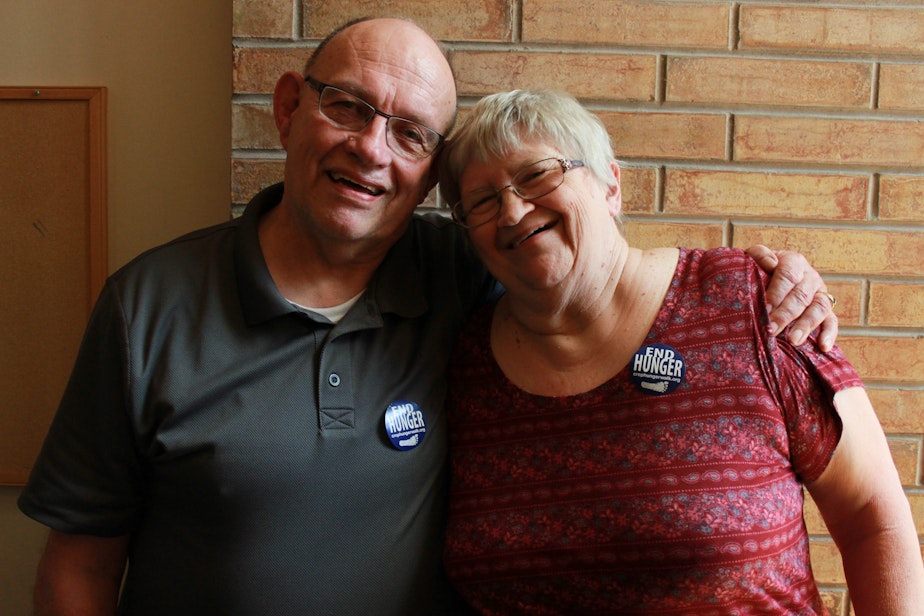 caption: Don Trump, left, and his wife Phyllis Trump at an event in Des Moines, Washington, to end hunger. They have attended the event for 27 years.