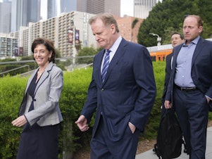 caption: NFL Commissioner Roger Goodell is shown arriving at federal court June 17, 2024, in Los Angeles.