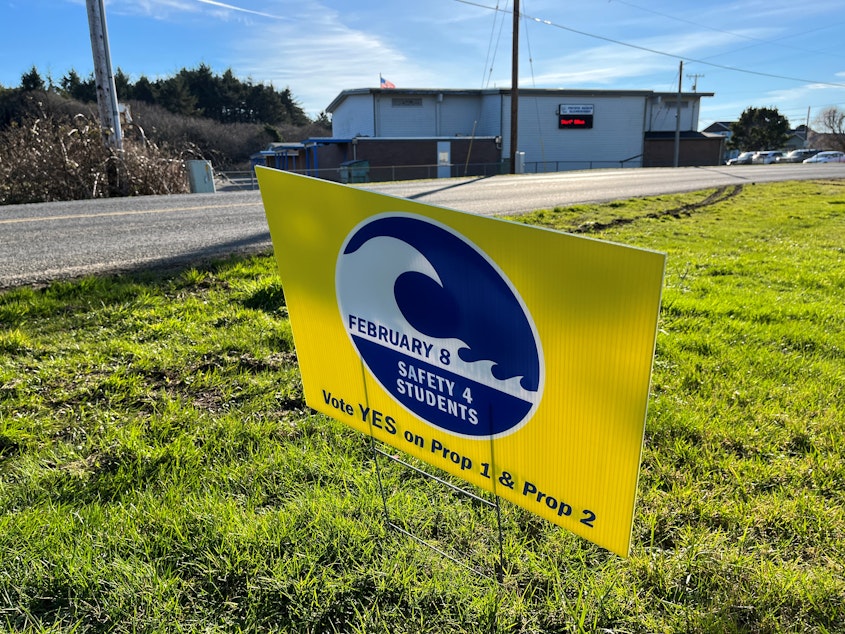 caption: Pacific Beach Elementary School on the Washington coast would be relocated out of the tsunami inundation zone if local voters pass a bond measure on February 8.