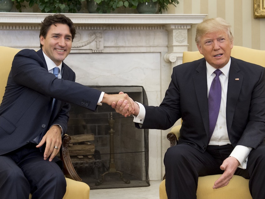 caption: President Trump and Canadian Prime Minister Justin Trudeau shake hands during a meeting in the Oval Office in February.