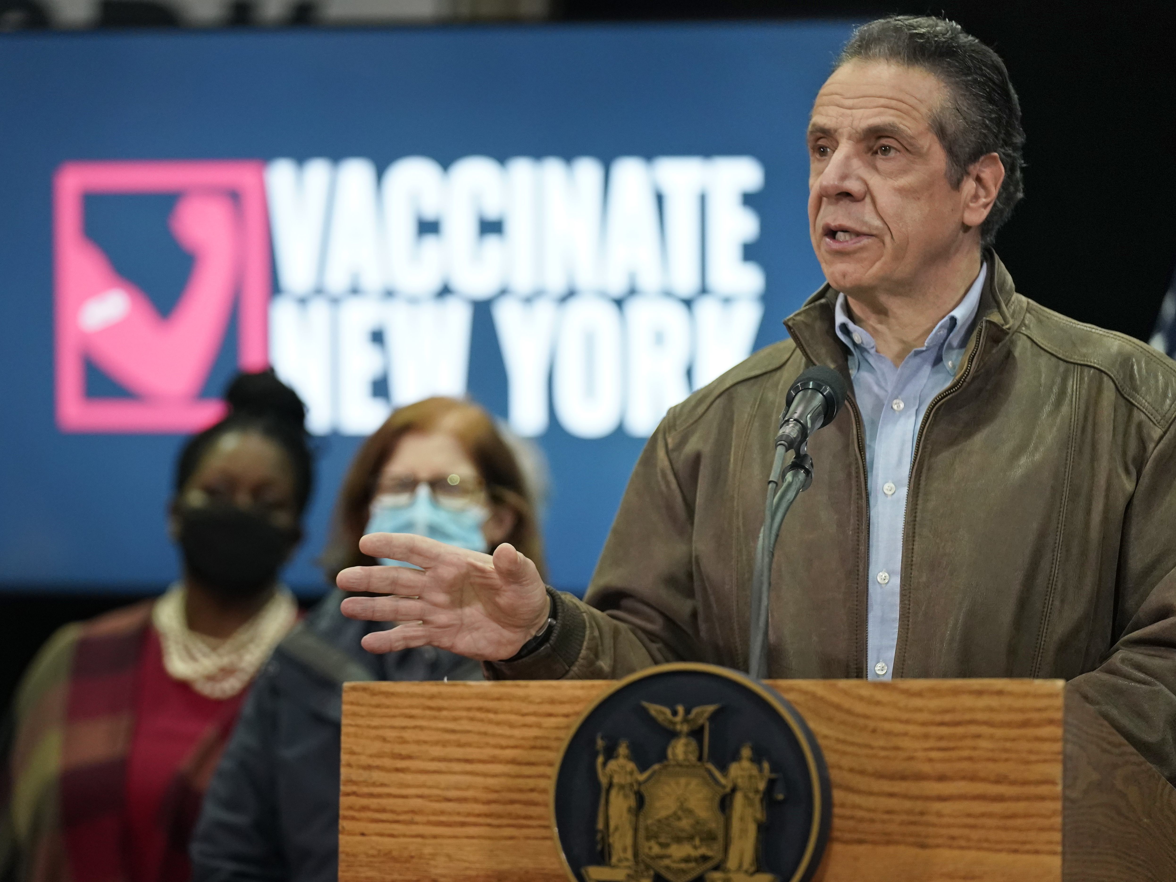 caption: New York lawmakers approved a bill Friday to strip Gov. Andrew Cuomo of the extraordinary authority to issue COVID-19 directives — a power it granted last year. But the measure allows existing orders to be extended. Cuomo is seen here during a news conference last month.