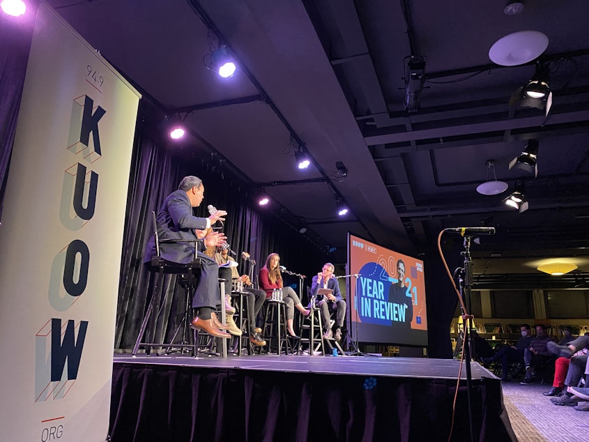 caption: Bill Radke is joined by Crosscut's Hannah Weinberger, South Seattle Emerald and Converge Media's Mike Davis, KUOW's Libby Denkman, and Seattle Mayor-Elect Bruce Harrell. 