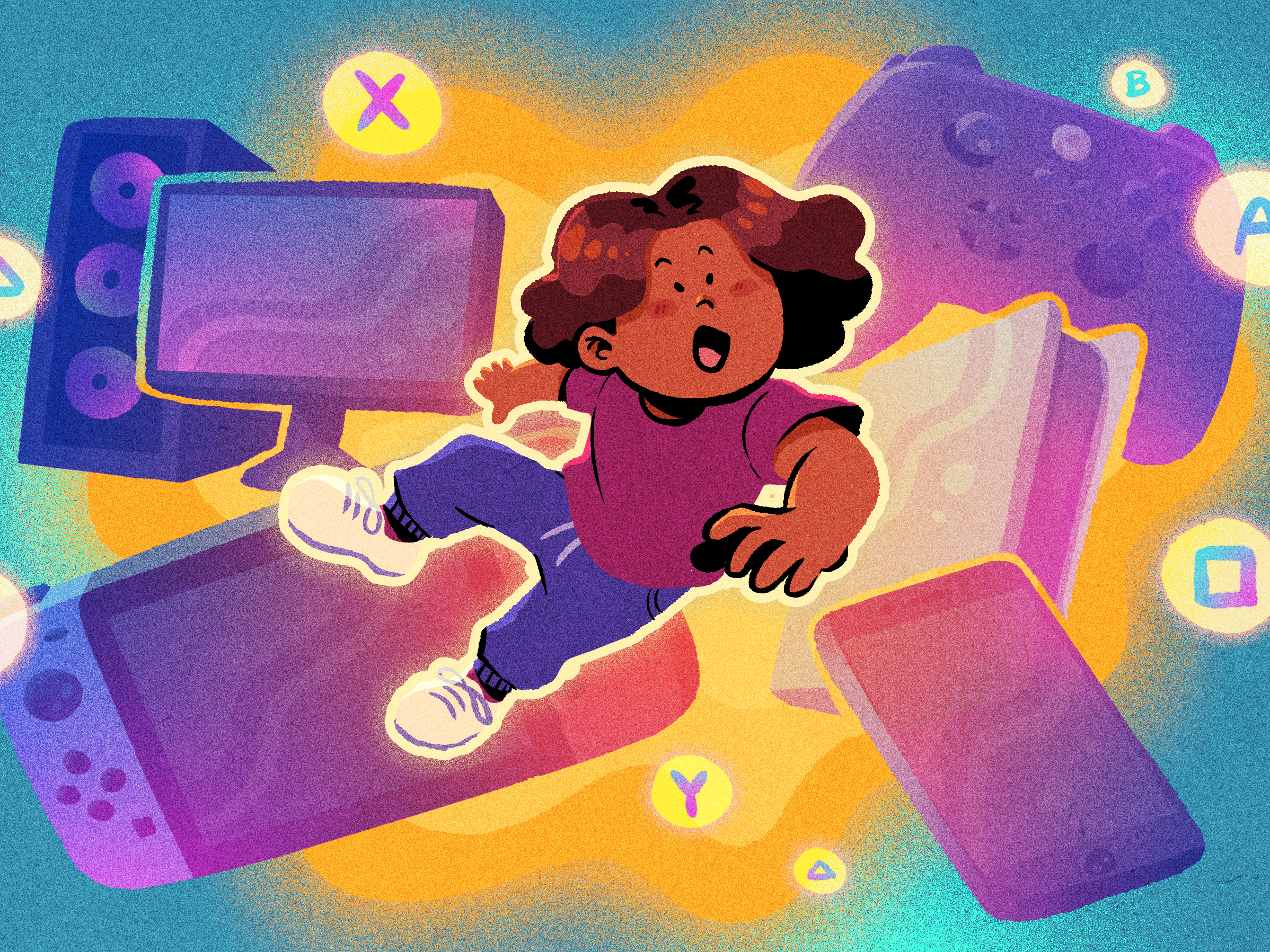 Illustration: a person floats with a happy expression, with various gaming consoles sticking out behind them. The consoles include a PC, a Nintendo Switch, a smartphone, a PS5, and an XBOX controller. Individual buttons from the different consoles are scattered throughout the image.