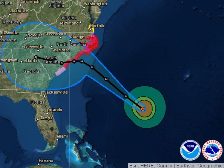 caption: Hurricane Florence is now expected to head more directly west after making landfall, crossing through South Carolina. The storm will bring dangerously high amounts of rain, forecasters say.