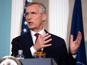 caption: NATO Secretary General Jens Stoltenberg speaks during a joint news conference with Secretary of State Antony Blinken at the State Department, Tuesday, June 18, 2024, in Washington.
