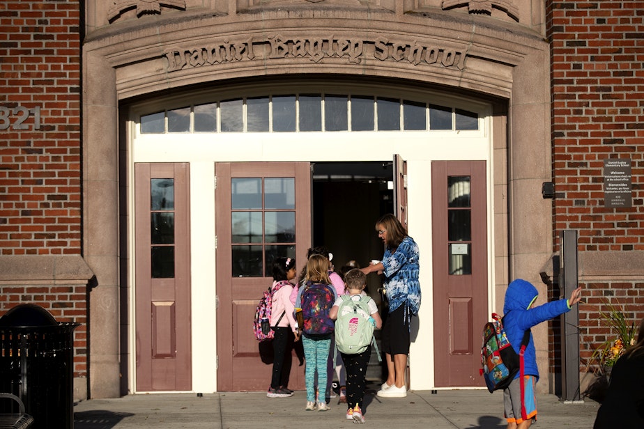 caption: Students arrive for their first day of school on Wednesday, September 6, 2023, at Daniel Bagley Elementary School in Seattle. 