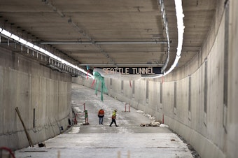 caption: The northbound lanes of the SR 99 tunnel are shown on Tuesday, March 27, 2018, in Seattle.