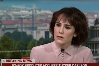 caption: Former Fox News producer Abby Grossberg, seen here in an interview on MSNBC, alleged there was a hostile environment riven by sexism and antisemitism when she worked on Tucker Carlson's show.