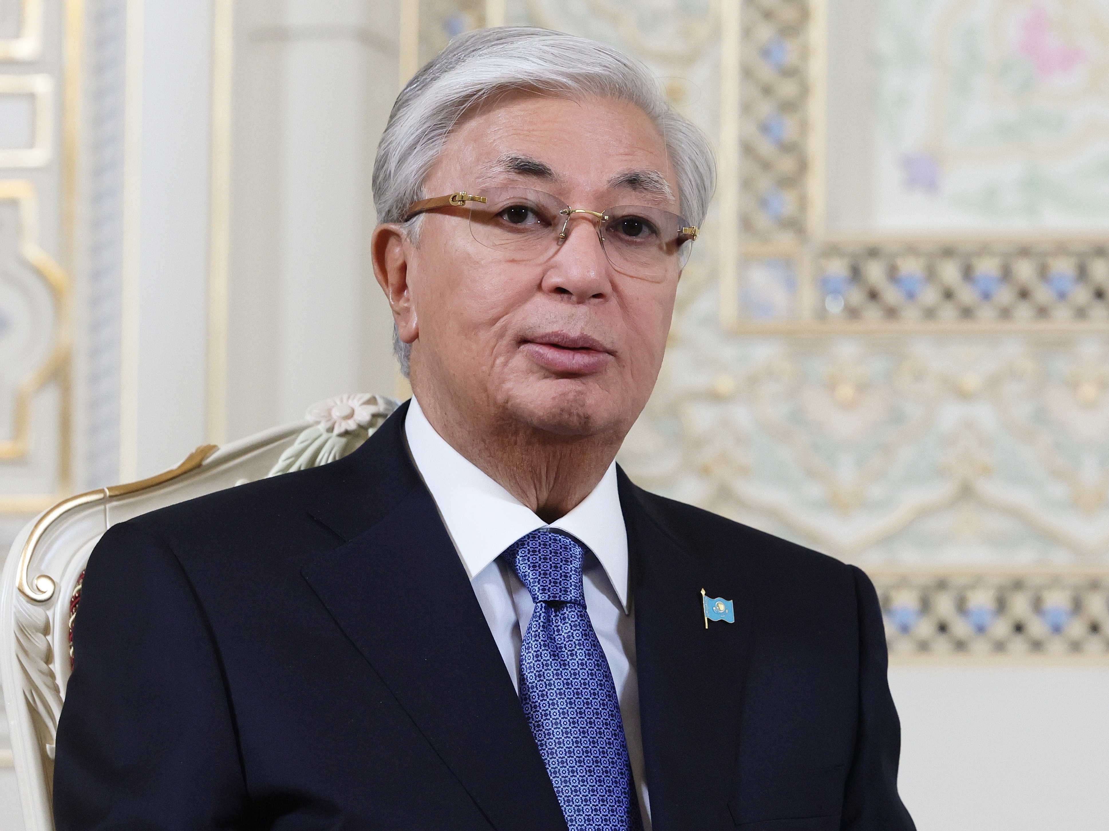 caption: FILE - Kazakh President Kassym-Jomart Tokayev attends a meeting with Russian President Vladimir Putin on the sidelines of the summit of the Commonwealth of Independent States at the Palace of the Nation in Dushanbe, Tajikistan, Oct. 10, 2025.