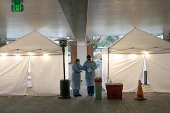 caption: Nurses check registration lists before testing patients for coronavirus at the University of Washington Medical Center on March 13 in Seattle.