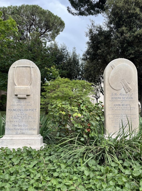 caption: The gravesite of the 19th century English poet John Keats, located at the Cimitero Acattolico in Rome, Italy. 