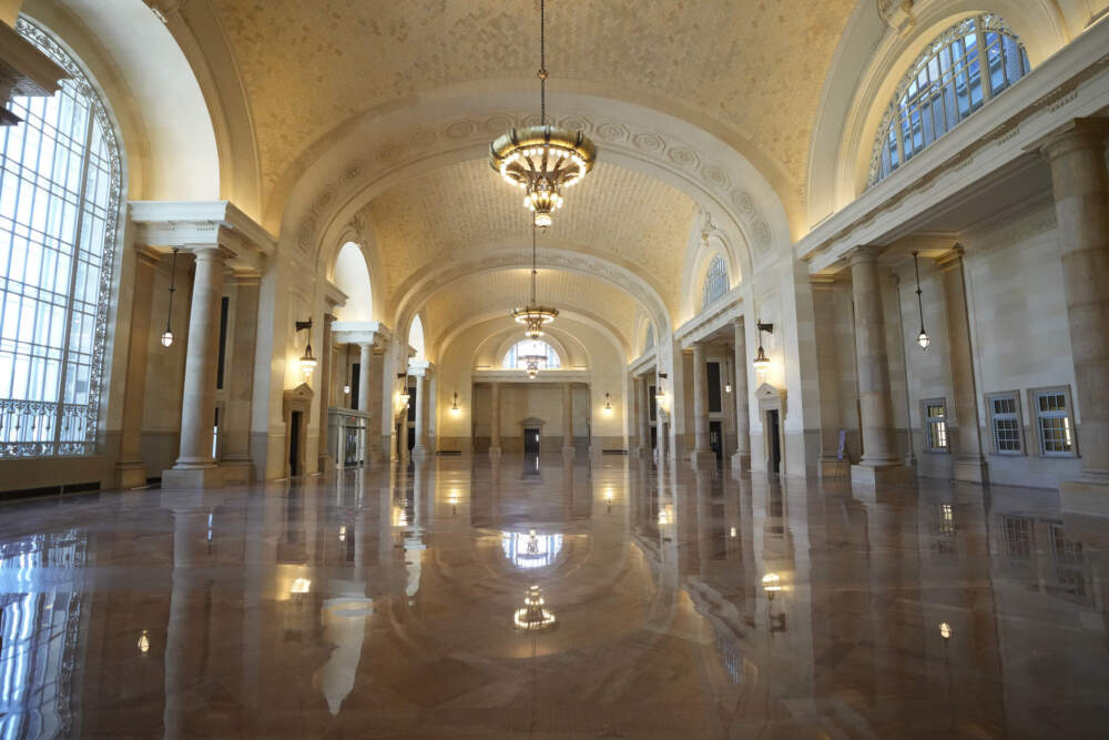 caption: The interior of the Michigan Central Station is seen, Monday, May 13, 2024 in Detroit. A once hulking scavenger-ravaged monolith that symbolized Detroit's decline reopens this week after a massive six-year multimillion dollar renovation by Ford Motor Co., which restored the Michigan Central Station to its past grandeur with a focus squarely on the future of mobility. (Carlos Osorio/AP)
