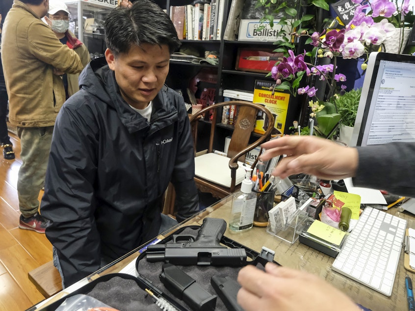 caption: A gun store in Arcadia, Calif., on March 15, 2020. A federal appeals court has ruled that California's ban on the sale of semiautomatic weapons to adults under age 21 is unconstitutional.