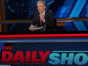 caption: Jon Stewart returned Monday as host of The Daily Show.