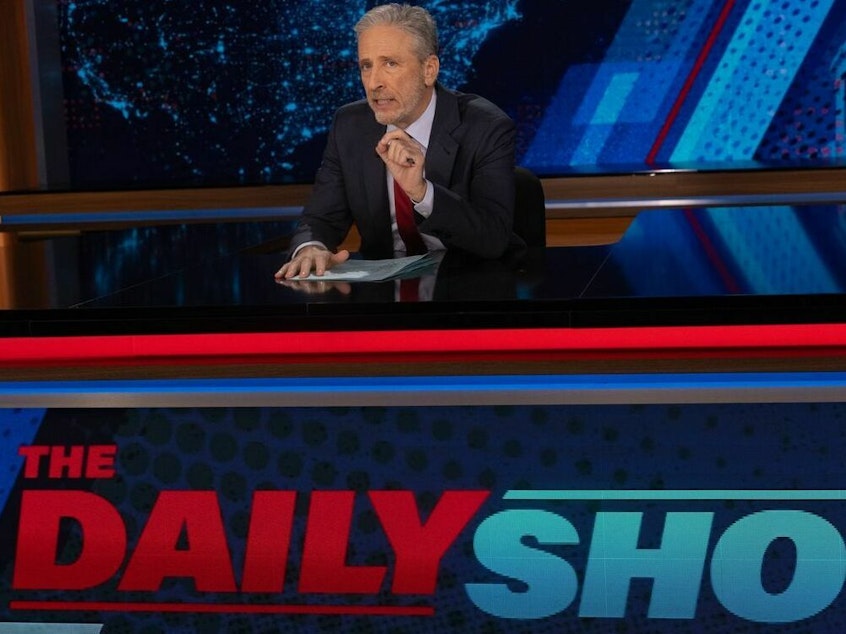caption: Jon Stewart returned Monday as host of The Daily Show.