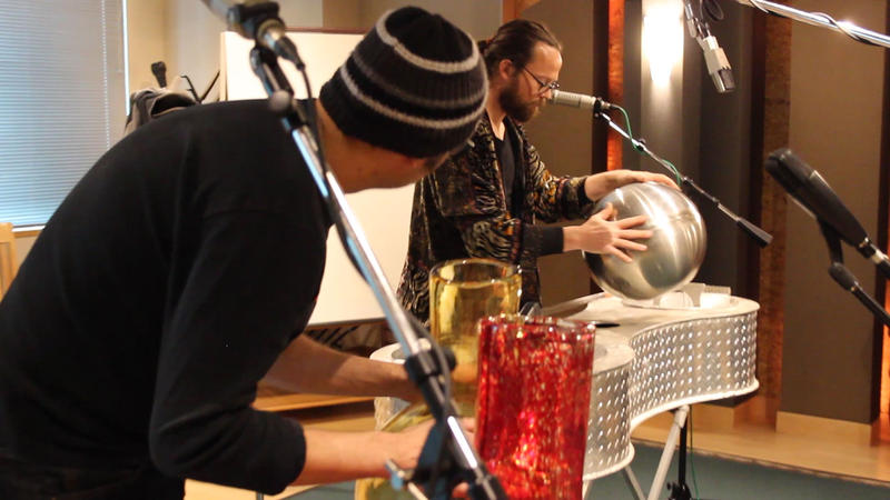 caption: Jason Straczek and Lelavision co-founder Ela Lamblin peform live at KUOW studios.
