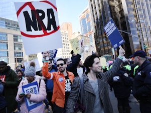 caption: Thousands of people participate in the March for Our Lives protest in New York City in March 2018.