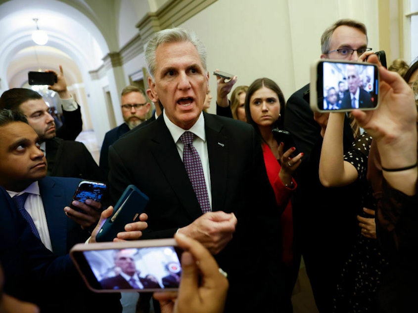 caption: Speaker of the House Kevin McCarthy, R-Calif., talks to reporters at the U.S. Capitol on Wednesday. Negotiations between his team and the White House over the debt ceiling broke down on Friday.