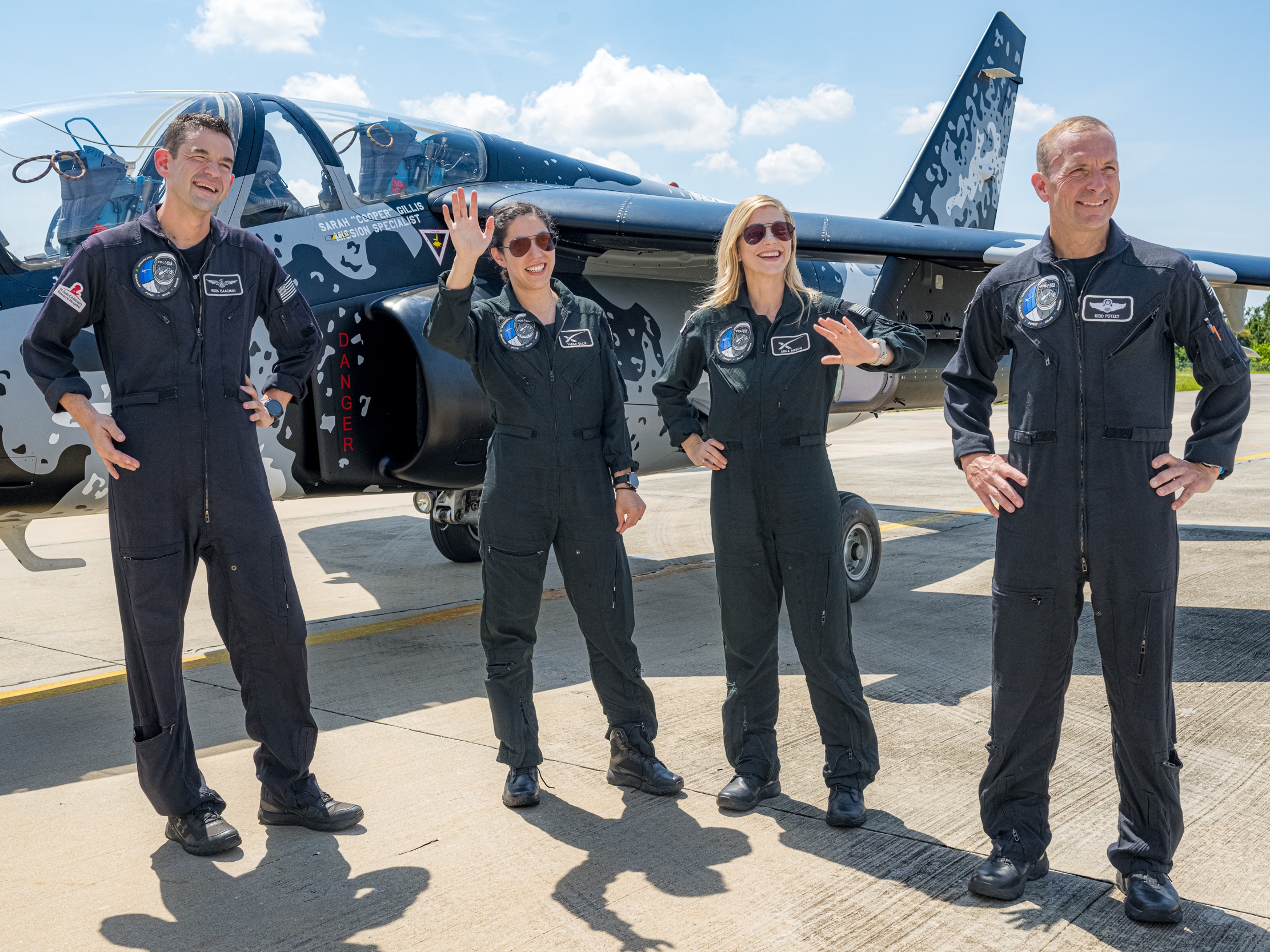 caption: Four astronauts from the Polaris Dawn mission — from left, Jared Isaacman (mission commander), Sarah Gillis (mission specialist), Anna Menon (mission specialist/medical officer) and  Scott “Kidd” Poteet (pilot), say they've gone through some 2,000 hours of simulator training to prepare for an ambitious visit to space.
