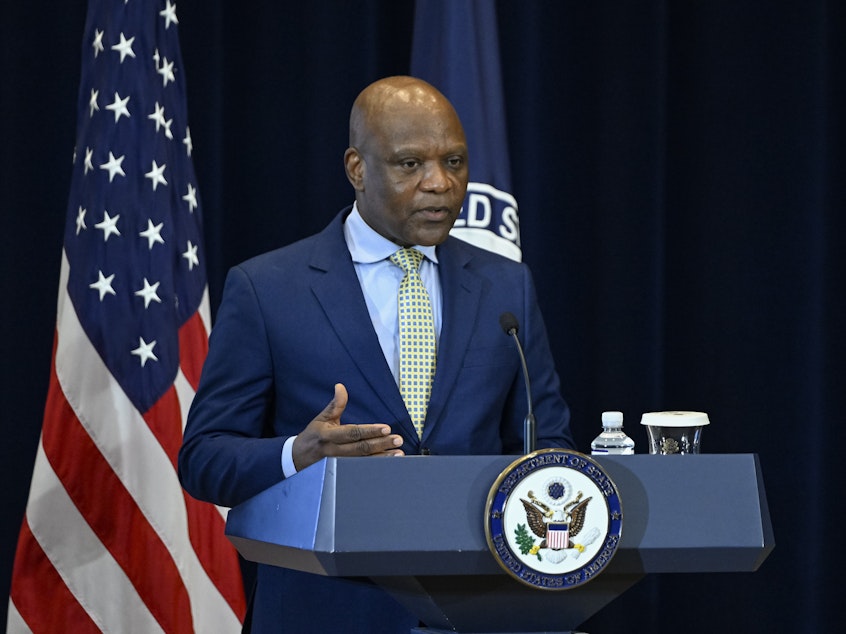 caption: Ambassador-at-Large John Nkengasong, who will lead the State Department's Bureau of Global Health Security and Diplomacy, speaks to the press about the new agency. He told NPR that the pandemic "taught us three key lessons. We are collectively more connected than we thought. We are more vulnerable than we thought. And we have [vast] inequities" when it comes to disease threats.<strong></strong>