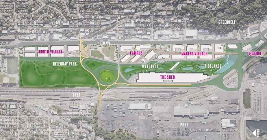 caption: A mile long strip of green space, with a building materials manufacturing "shed" at its center, accommodates water during major storm surges in this design for Seattle's future neighborhood. In this scheme, the golf course is reclaimed as a park.