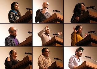 caption: Storytellers take the stage for their five minutes during KUOW's first Storywallahs event.
