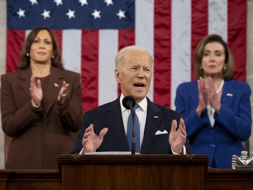 caption: President Biden delivers the State of the Union address as U.S. Vice President Kamala Harris (L) and House Speaker Nancy Pelosi (D-CA) look on last March.