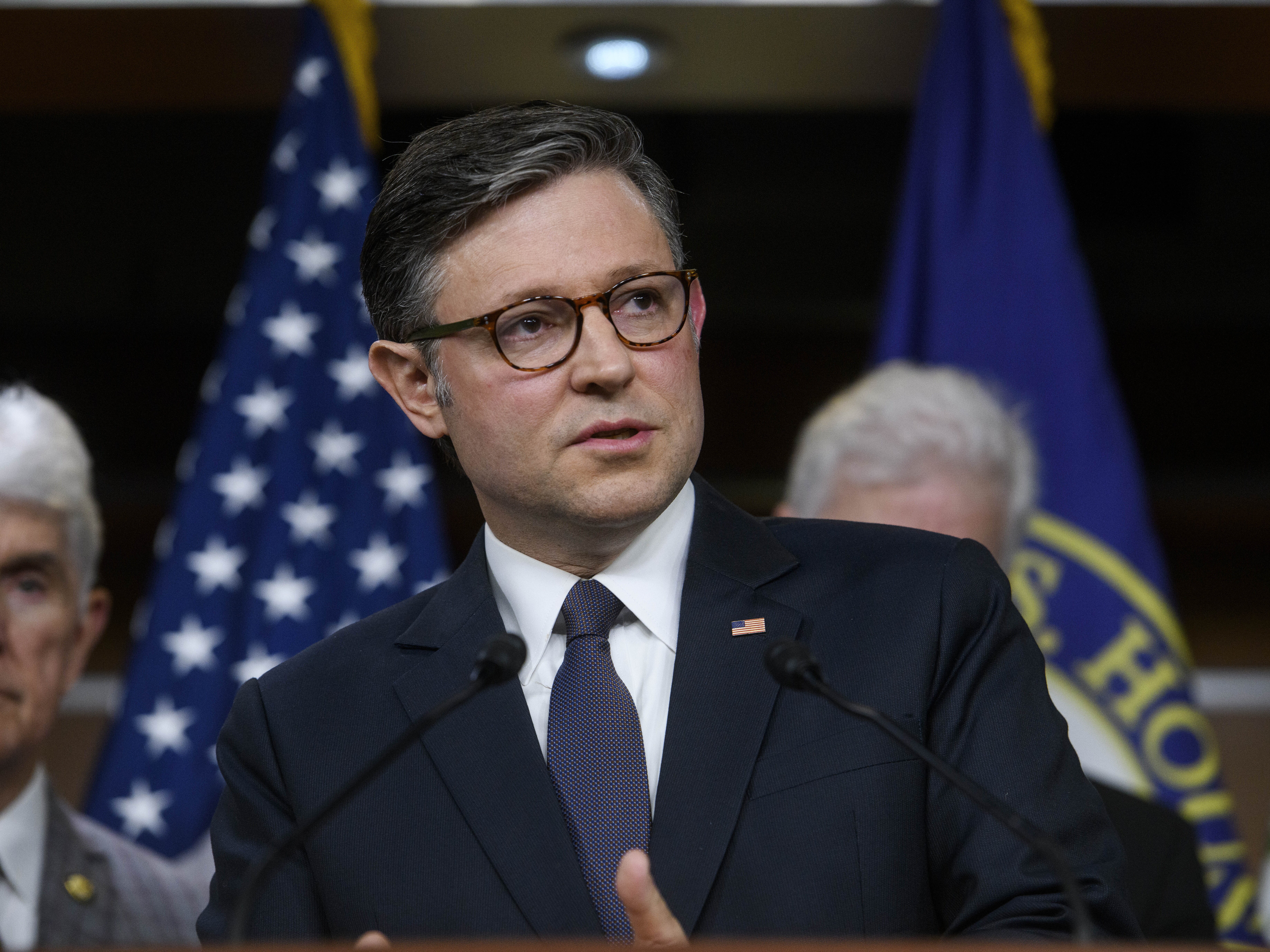 caption: Speaker of the House Mike Johnson, R-La., speaks during a news conference at the Capitol on May 6, 2025, in Washington.